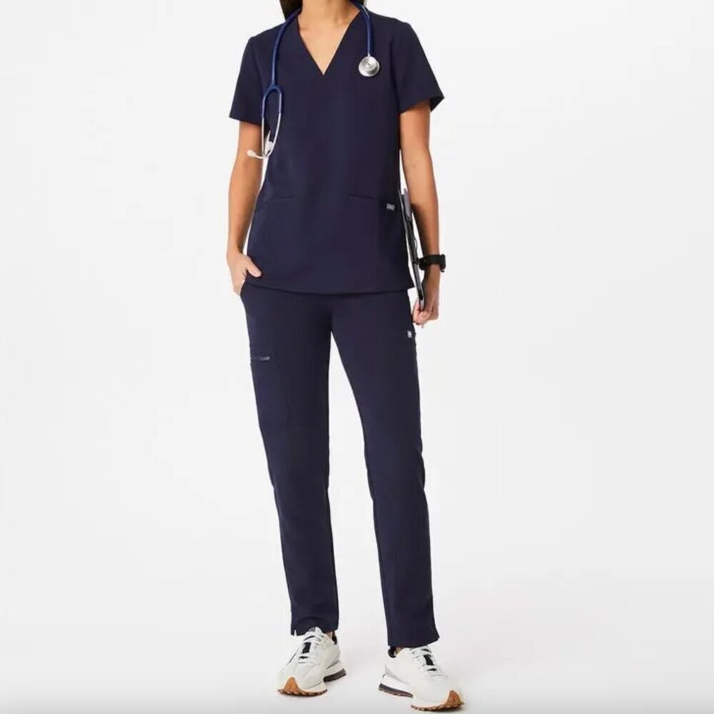 Figs Navy Blue Casma Short Sleeve Top + Yola Skinny Slim Bottoms Scrubs Set